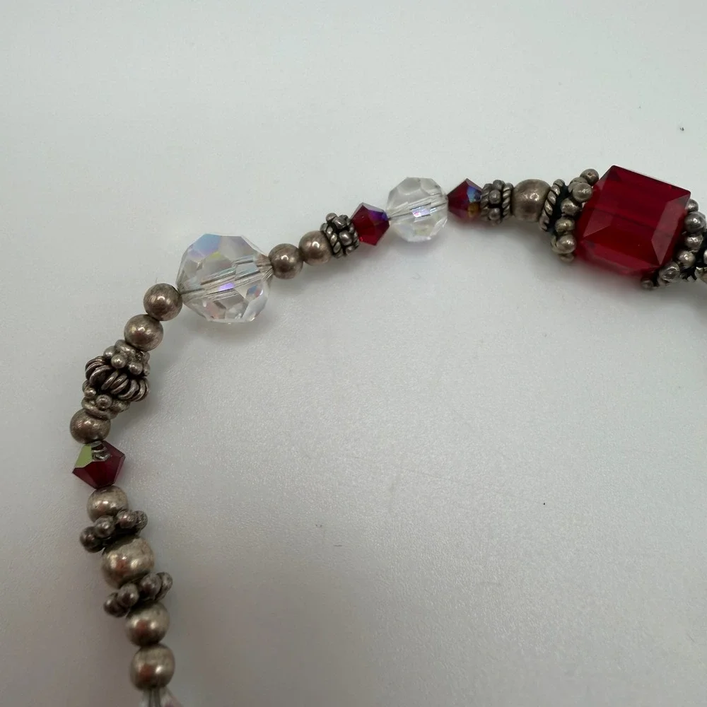 VTG Style Red Ruby AB Crystal Beaded Toggle Bracelet Quilted Heart Charm Sweet